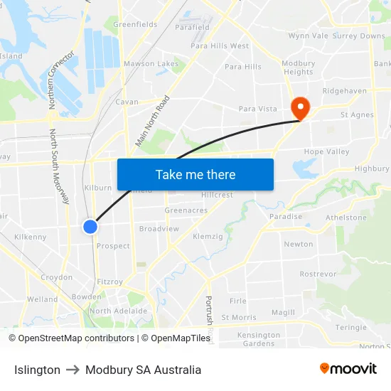Islington to Modbury SA Australia map