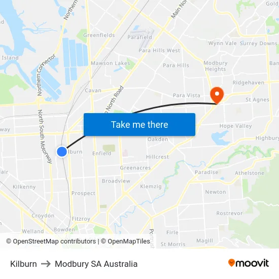 Kilburn to Modbury SA Australia map