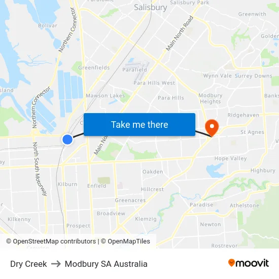 Dry Creek to Modbury SA Australia map