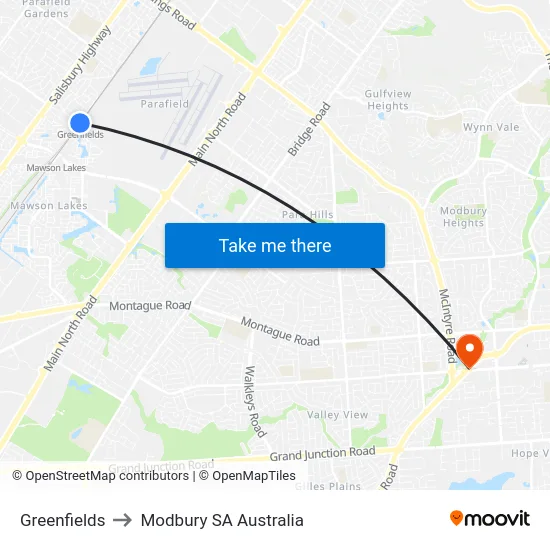 Greenfields to Modbury SA Australia map