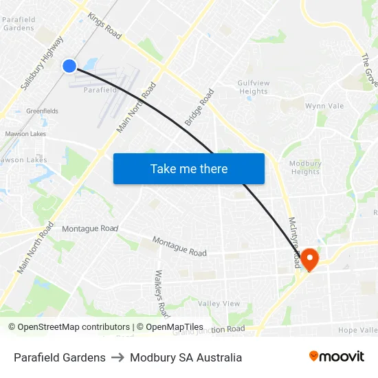 Parafield Gardens to Modbury SA Australia map