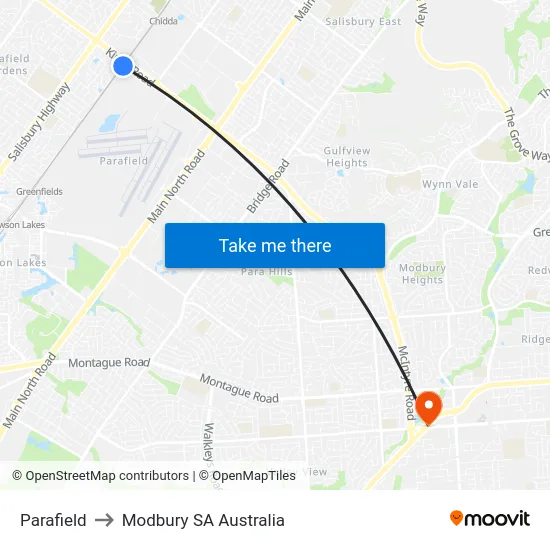Parafield to Modbury SA Australia map