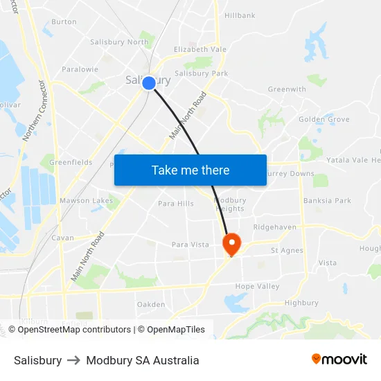 Salisbury to Modbury SA Australia map