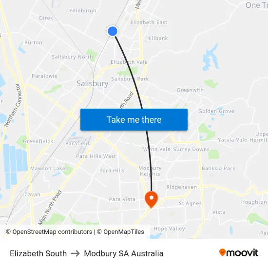 Elizabeth South to Modbury SA Australia map