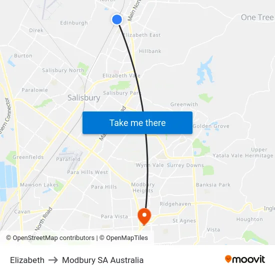 Elizabeth to Modbury SA Australia map