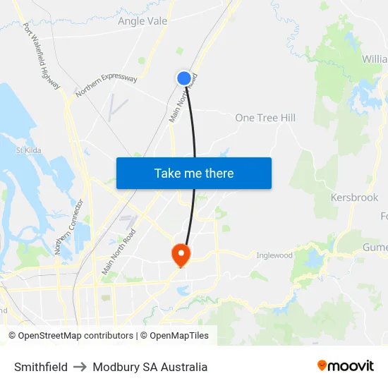 Smithfield to Modbury SA Australia map