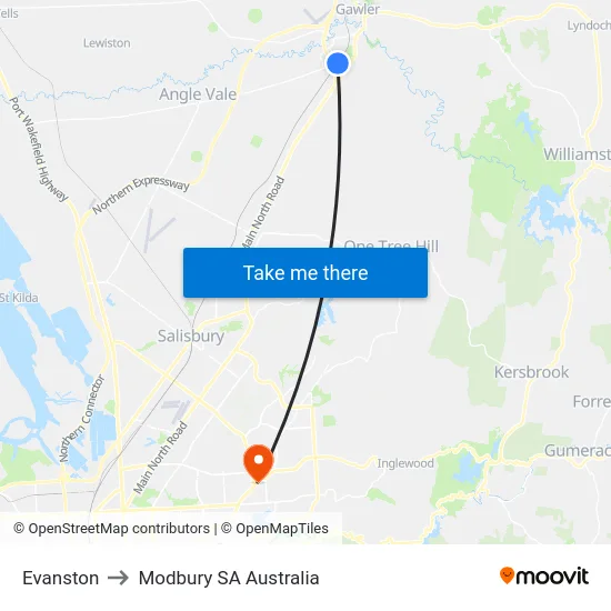 Evanston to Modbury SA Australia map