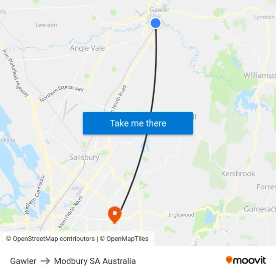 Gawler to Modbury SA Australia map