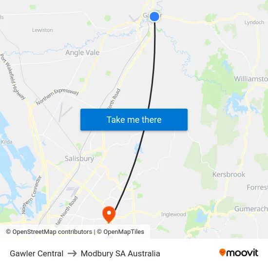 Gawler Central to Modbury SA Australia map