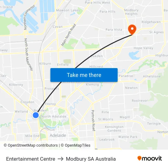 Entertainment Centre to Modbury SA Australia map