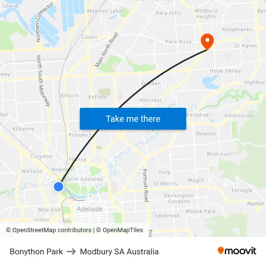Bonython Park to Modbury SA Australia map