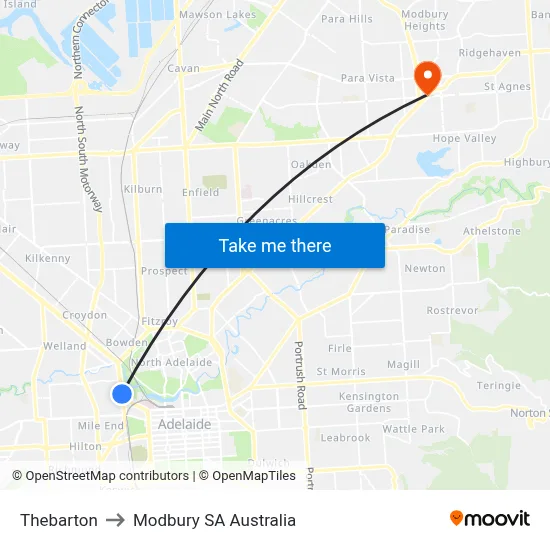 Thebarton to Modbury SA Australia map