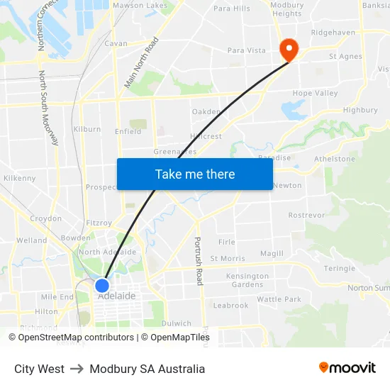 City West to Modbury SA Australia map