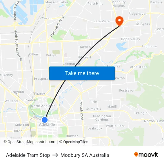 Adelaide Tram Stop to Modbury SA Australia map