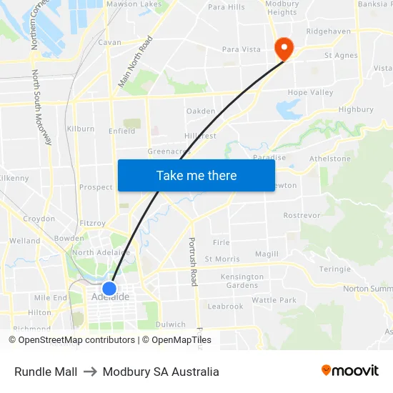 Rundle Mall to Modbury SA Australia map