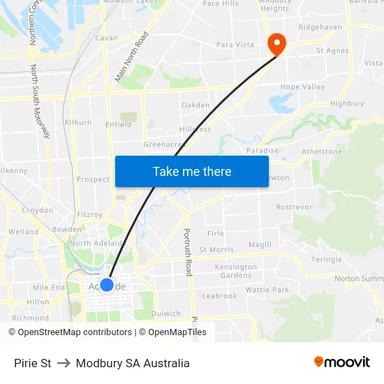 Pirie St to Modbury SA Australia map