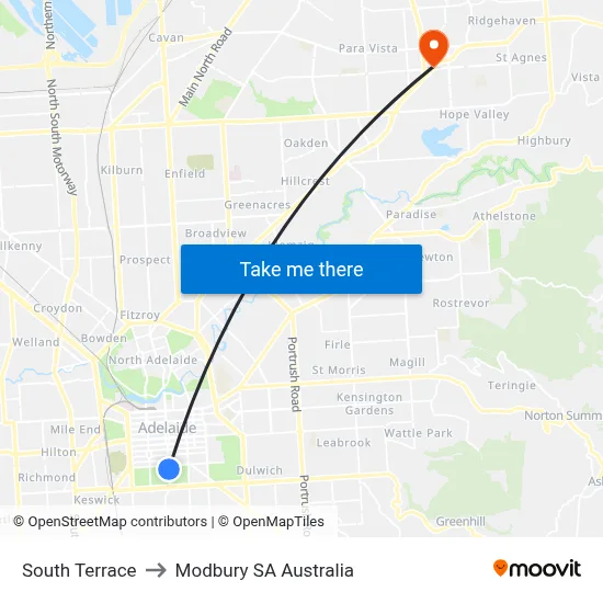 South Terrace to Modbury SA Australia map