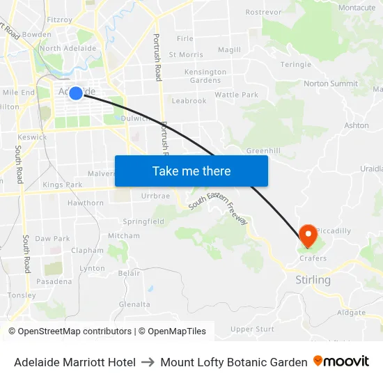 Adelaide Marriott Hotel to Mount Lofty Botanic Garden map
