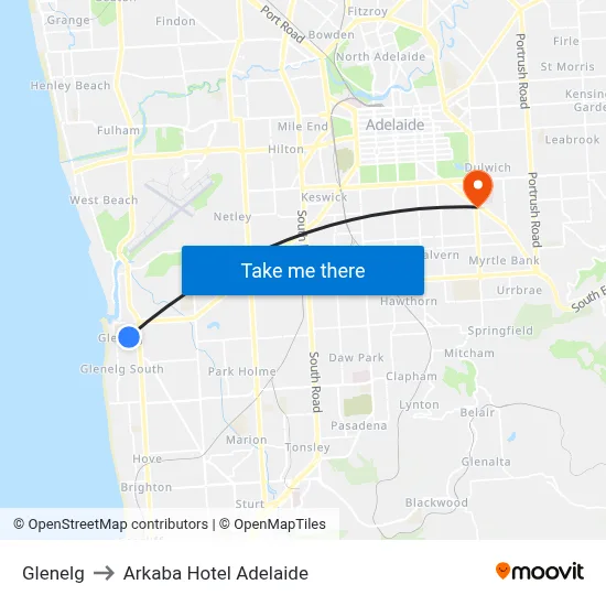 Glenelg to Arkaba Hotel Adelaide map
