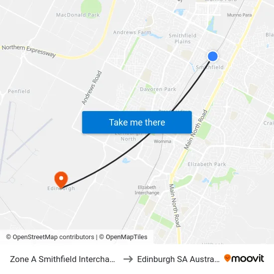 Zone A Smithfield Interchange to Edinburgh SA Australia map