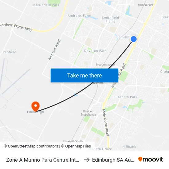 Zone A Munno Para Centre Interchange to Edinburgh SA Australia map