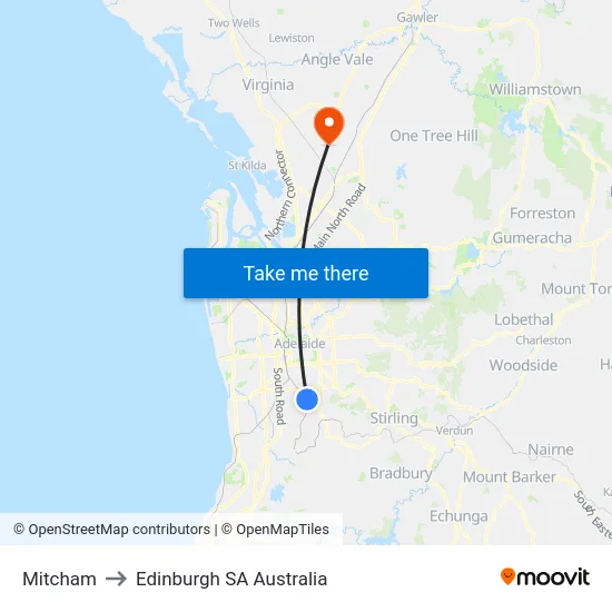 Mitcham to Edinburgh SA Australia map