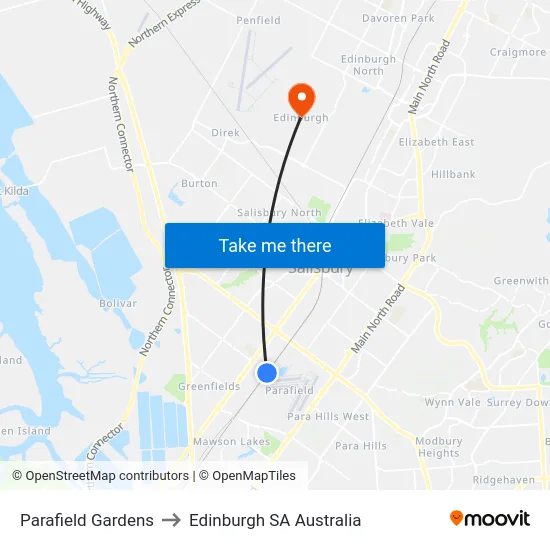 Parafield Gardens to Edinburgh SA Australia map