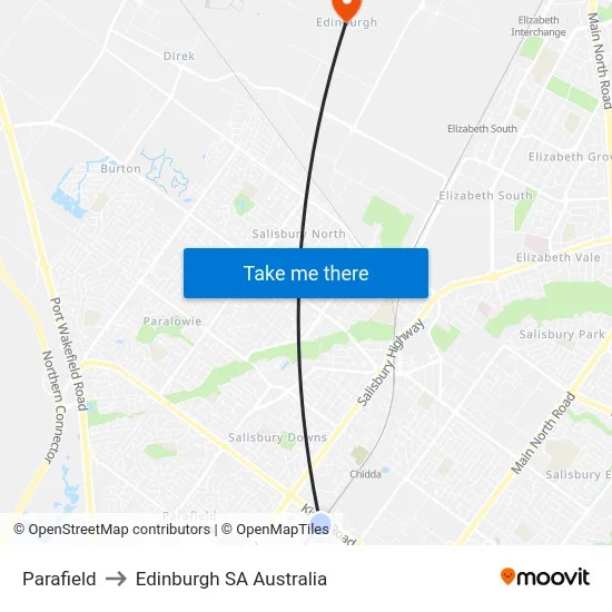 Parafield to Edinburgh SA Australia map