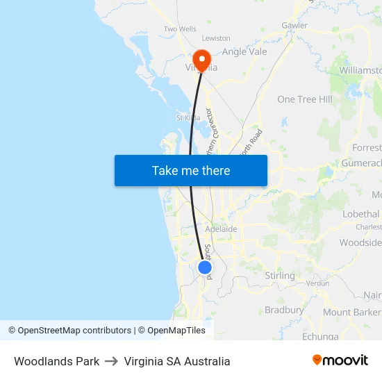 Woodlands Park to Virginia SA Australia map
