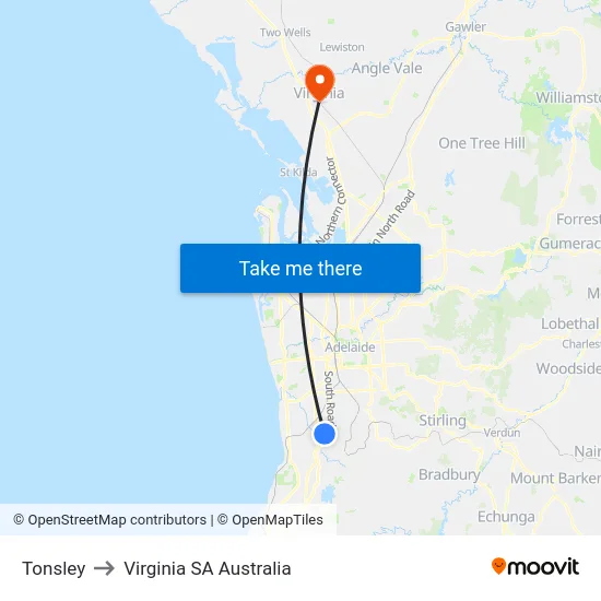 Tonsley to Virginia SA Australia map