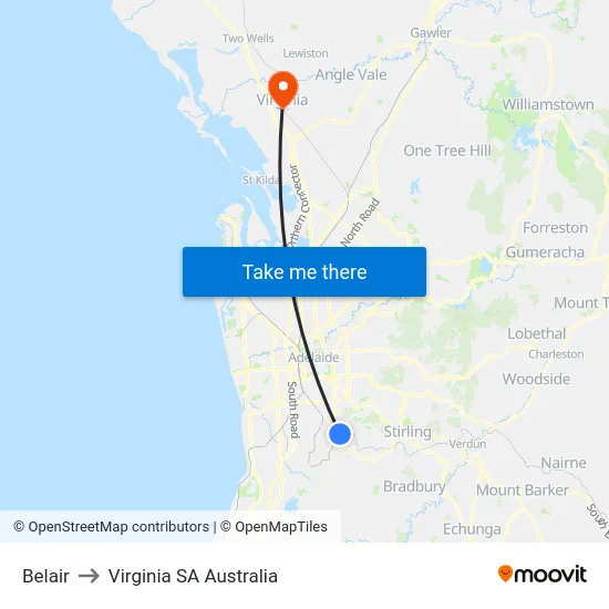 Belair to Virginia SA Australia map