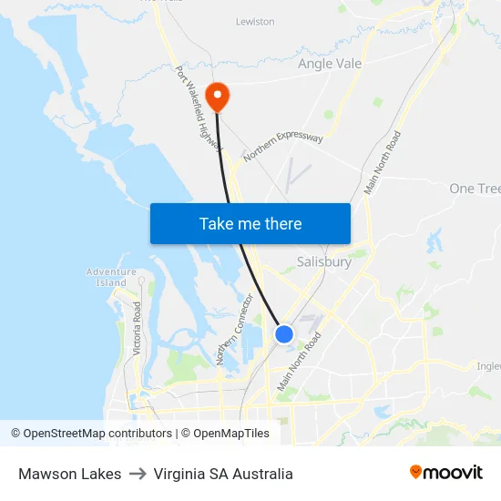 Mawson Lakes to Virginia SA Australia map