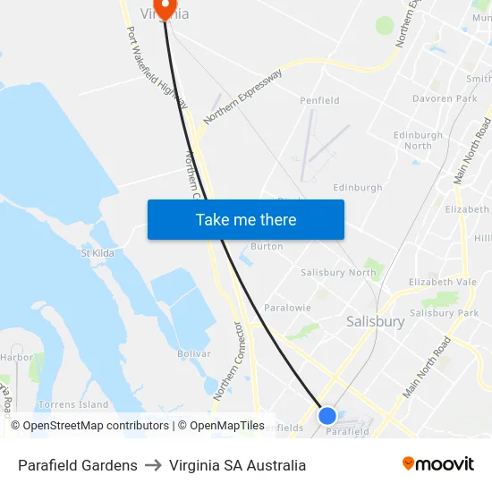 Parafield Gardens to Virginia SA Australia map