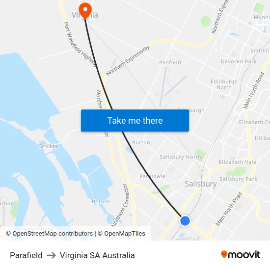 Parafield to Virginia SA Australia map