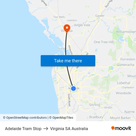 Adelaide Tram Stop to Virginia SA Australia map