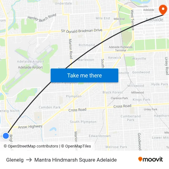 Glenelg to Mantra Hindmarsh Square Adelaide map