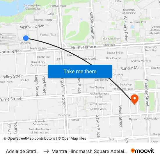 Adelaide Station to Mantra Hindmarsh Square Adelaide map