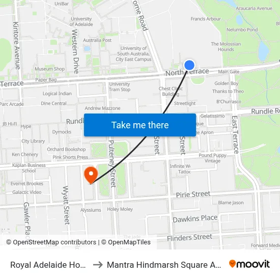 Royal Adelaide Hospital to Mantra Hindmarsh Square Adelaide map