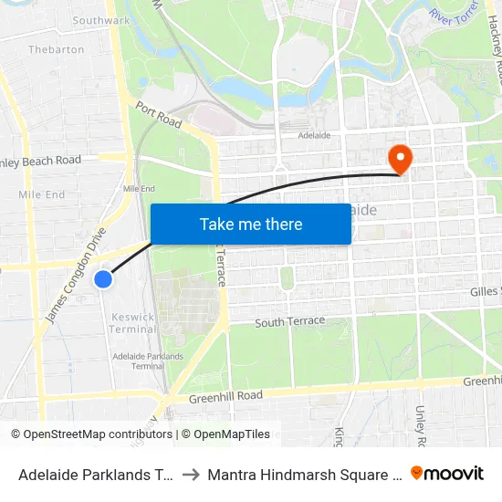 Adelaide Parklands Terminal to Mantra Hindmarsh Square Adelaide map