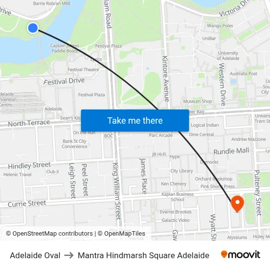 Adelaide Oval to Mantra Hindmarsh Square Adelaide map