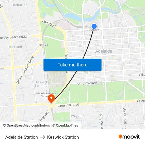 Adelaide Station to Keswick Station map