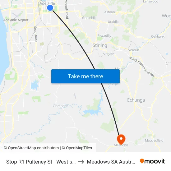 Stop R1 Pulteney St - West side to Meadows SA Australia map