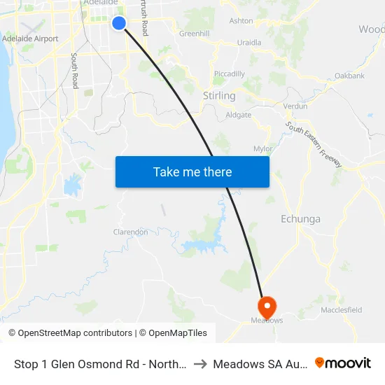 Stop 1 Glen Osmond Rd - North East side to Meadows SA Australia map