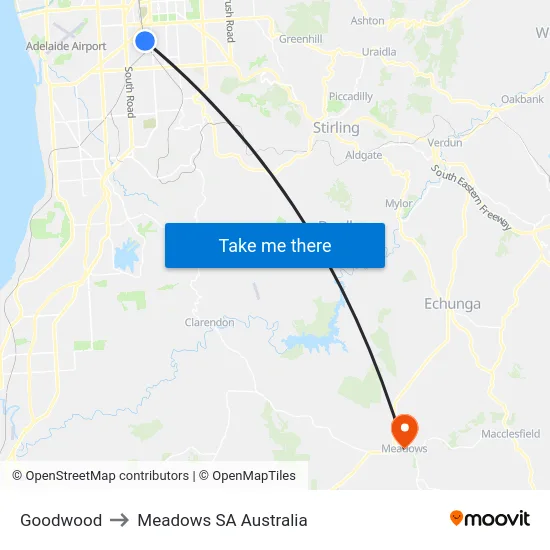 Goodwood to Meadows SA Australia map