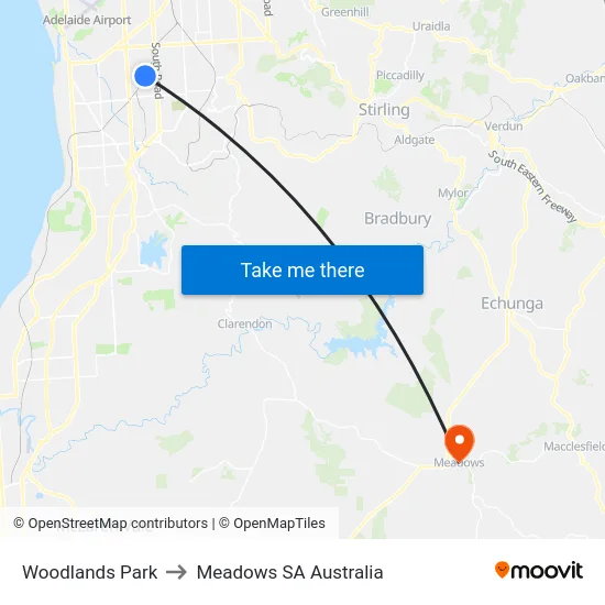 Woodlands Park to Meadows SA Australia map