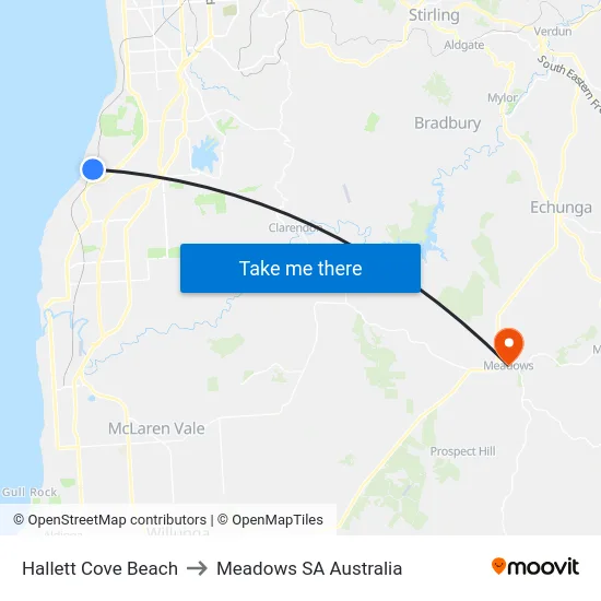 Hallett Cove Beach to Meadows SA Australia map