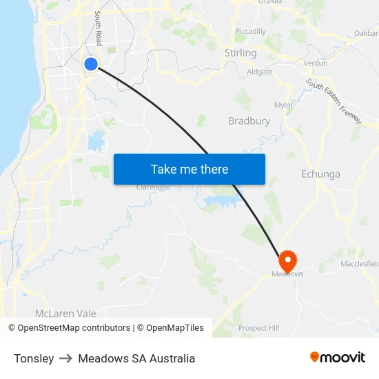 Tonsley to Meadows SA Australia map