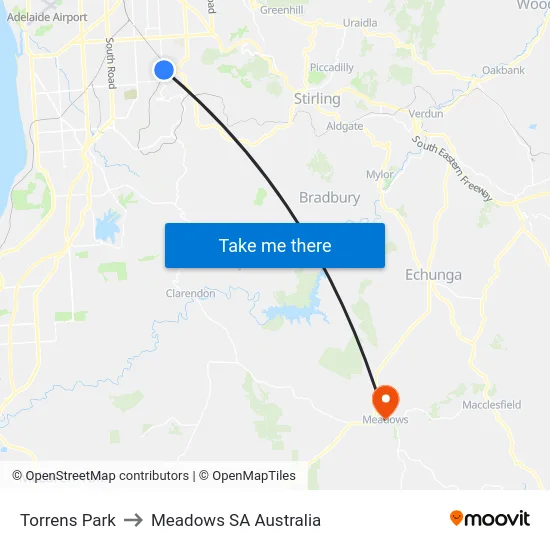 Torrens Park to Meadows SA Australia map