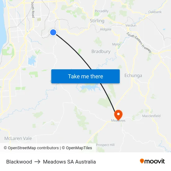 Blackwood to Meadows SA Australia map