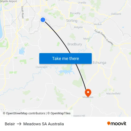 Belair to Meadows SA Australia map
